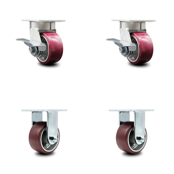 4 Inch Kingpinless Poly on Aluminum Wheel Caster Brakes 2 Rigid SCC, 2PK
